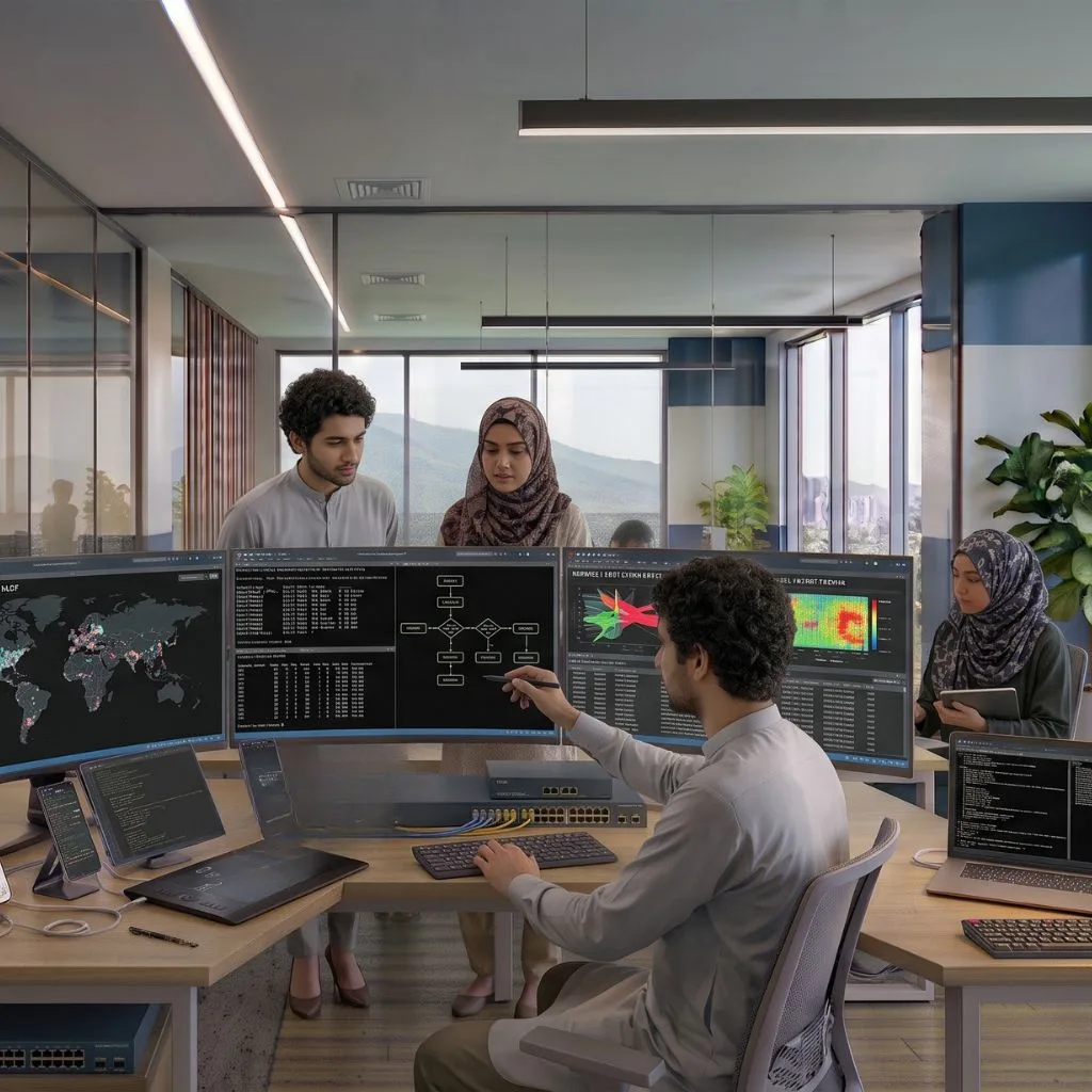 Illustration of a workspace with a data map and automation diagram on screen
