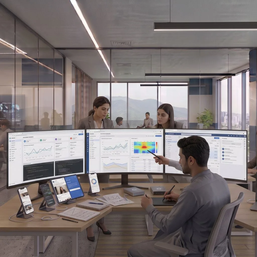 Illustration of a workspace with campaign and audience dashboards on screen