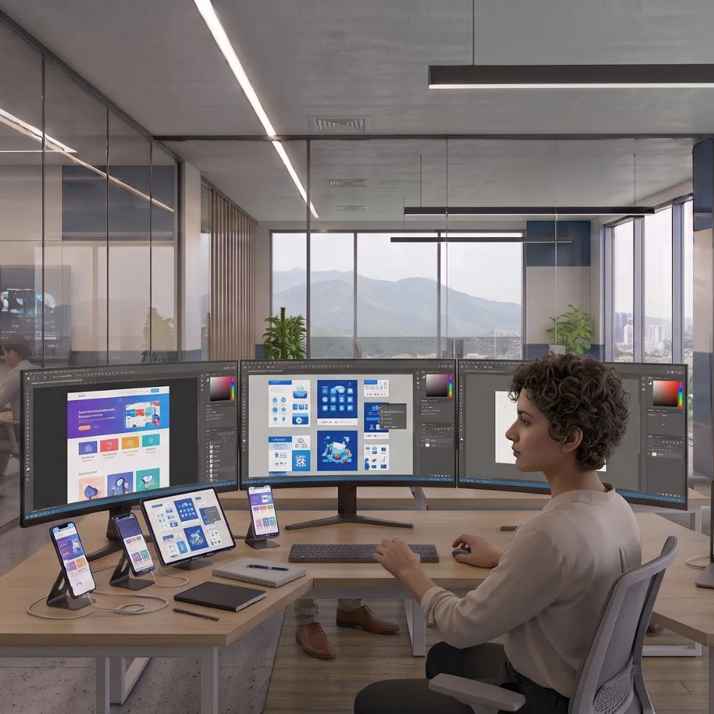 Illustration of a workspace with a design application and artwork on screen