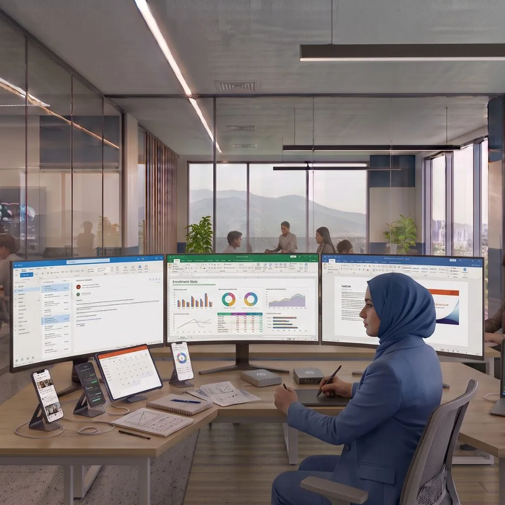 Illustration of a workspace with documents, mail and a spreadsheet on screen