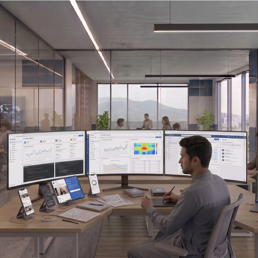 Illustration of a workspace with marketplace listing and performance dashboards on screen