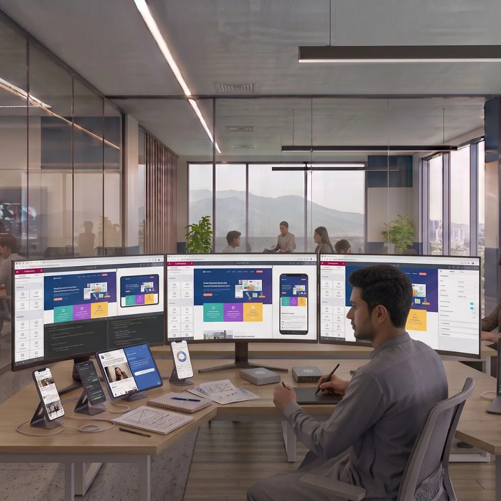 Illustration of a workspace with several finished client web pages on screen