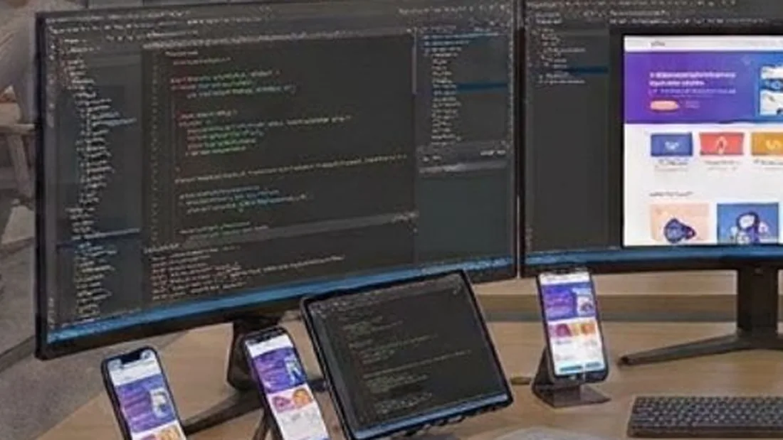 Illustration of a code editor open next to a rendered web page