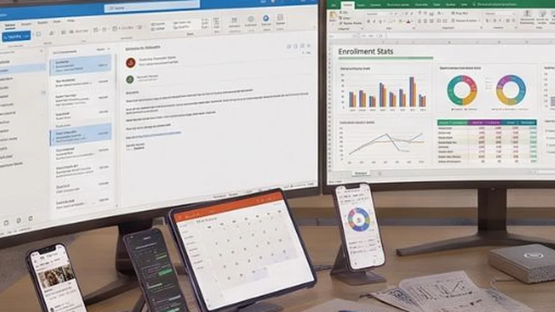 Illustration of a workstation showing document and spreadsheet software