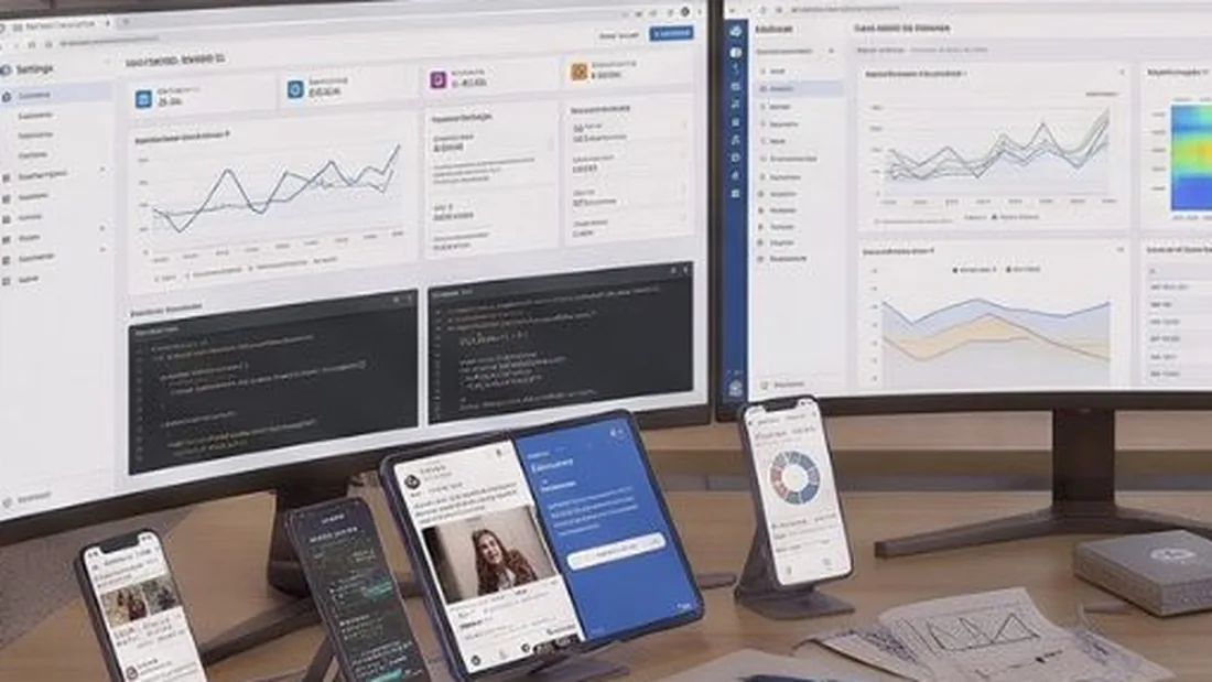 Illustration of a screen showing search and analytics dashboards
