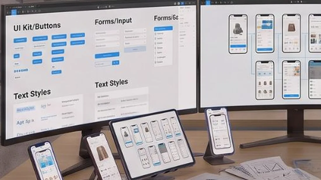 Illustration of a screen showing an interface design system and mobile layouts