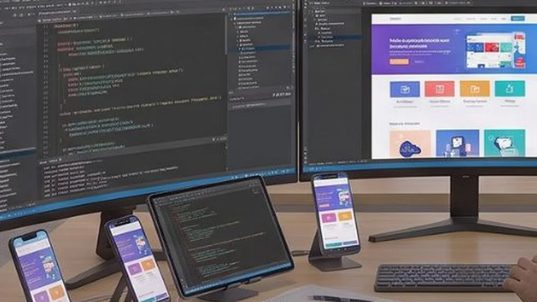 Illustration of a workstation showing code alongside a website layout