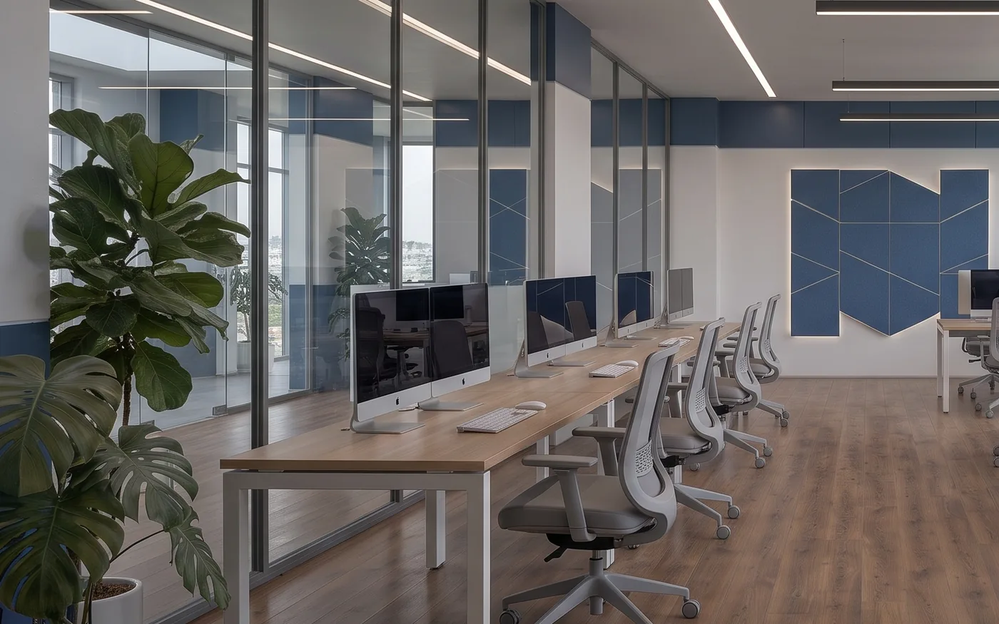 Illustration of a training room bench with monitors along one wall